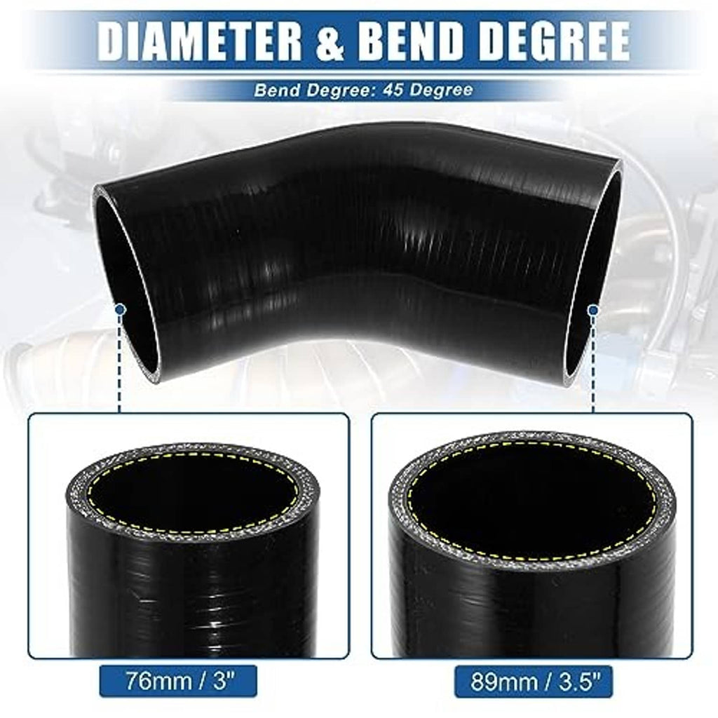 Black 45-degree silicone hose elbow reducer showing bend and both open ends