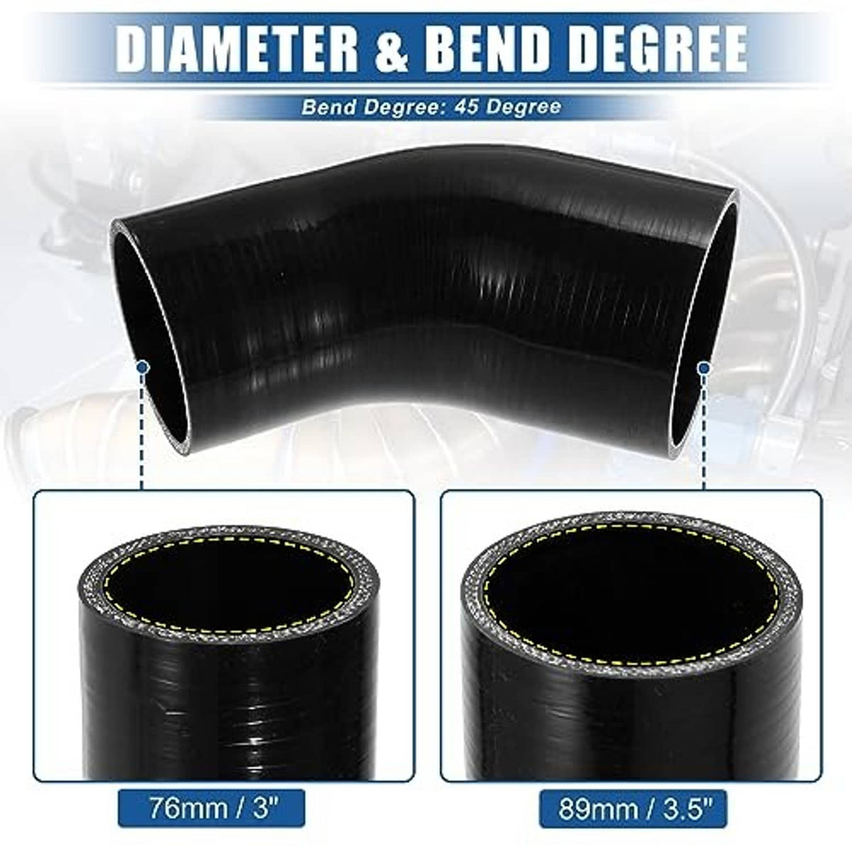 Black 45-degree silicone hose elbow reducer showing bend and both open ends