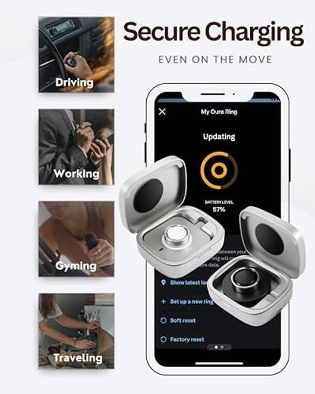 Wireless charging case with ring dock beside smartphone charging interface