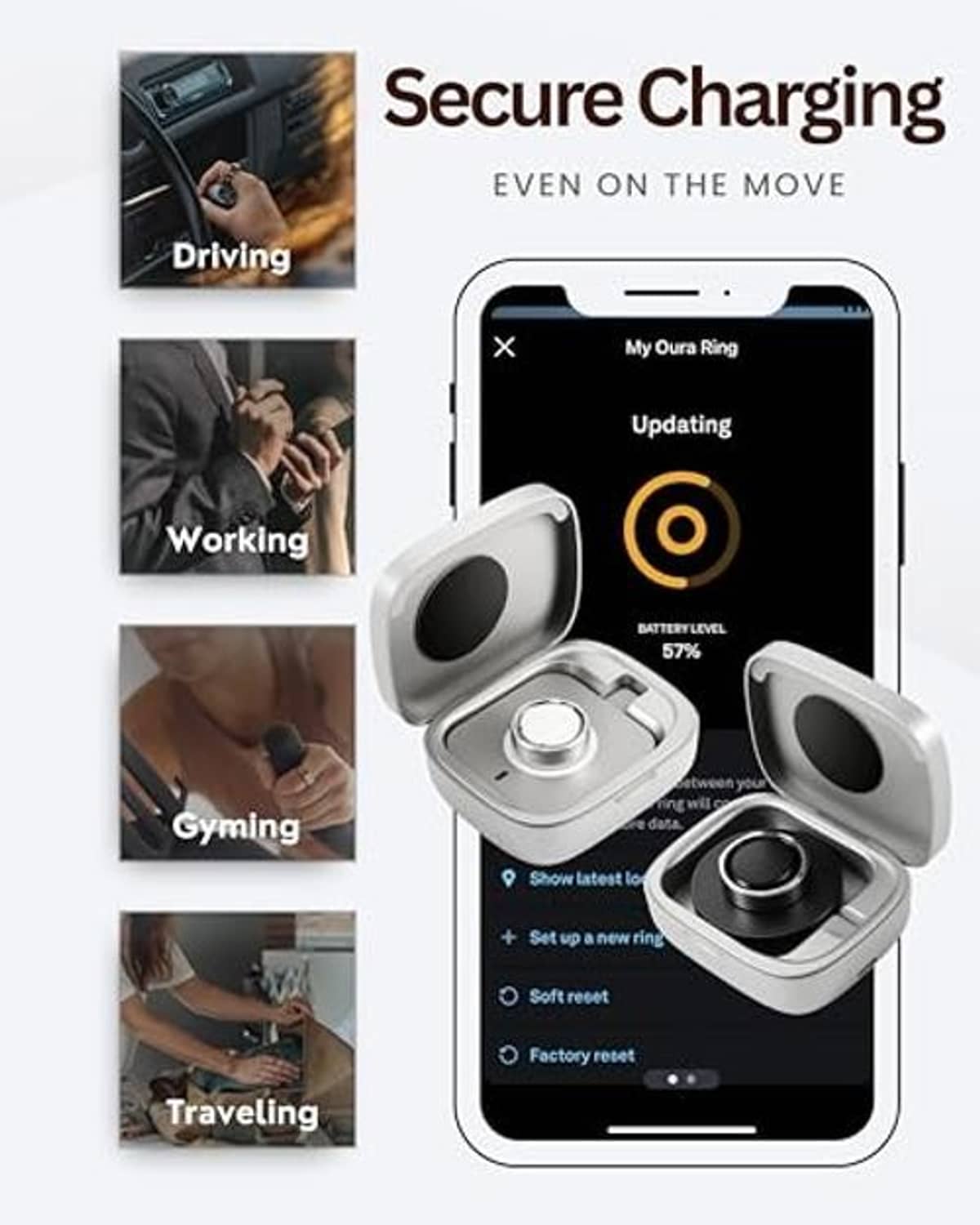 Wireless charging case with ring dock beside smartphone charging interface