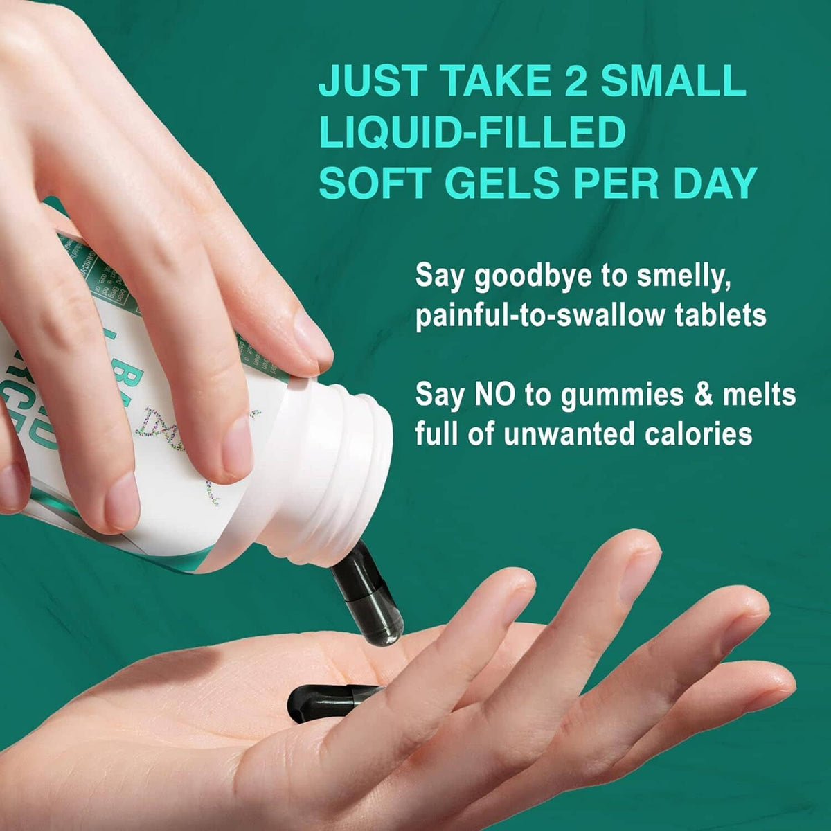Hands with black dropper and Bari Liquid Force bottle, white cap and green label