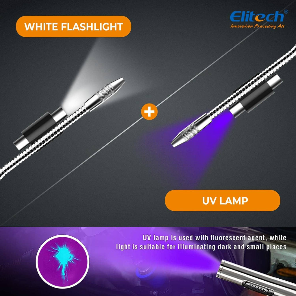 UV lamp flashlight probe attachment with flexible coil, showing purple UV glow at tip.