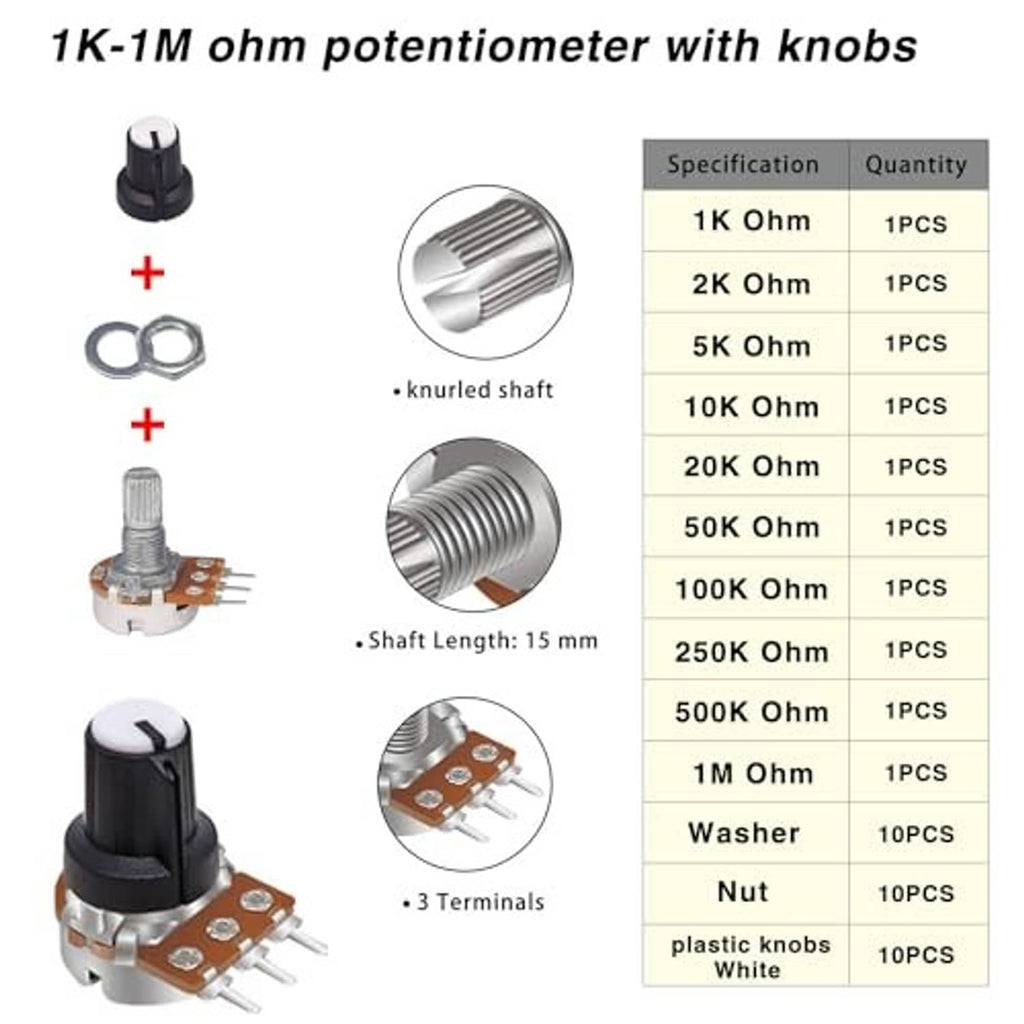 Rotary potentiometer with black knob, knurled shaft, and brown 3-terminal module