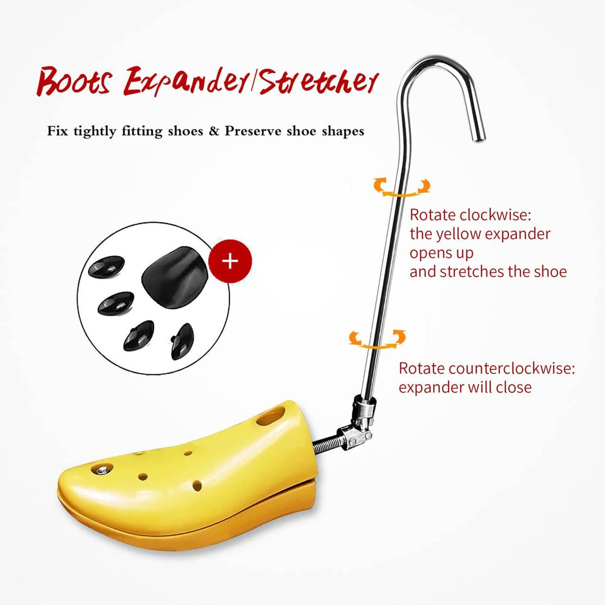 Yellow boot expander stretcher with metal handle and black support plugs
