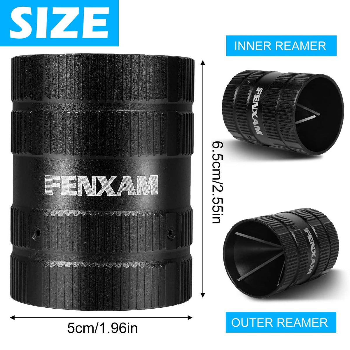 Black FENXAM pipe reamer tool with inner and outer reaming blades