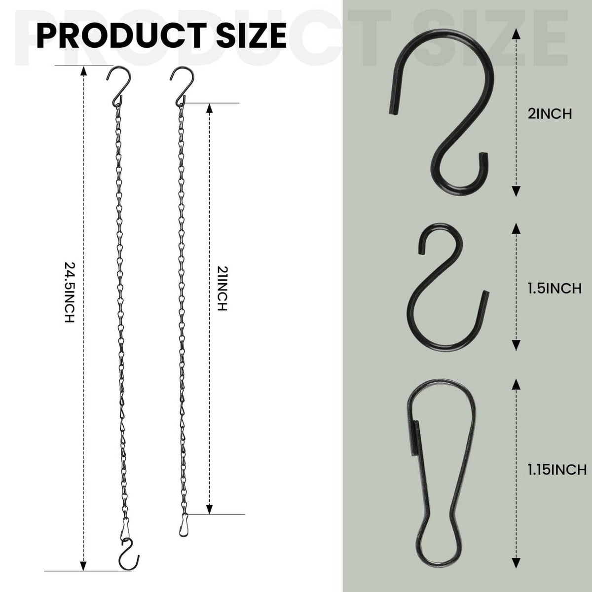Black hanging chain set, about 24.5 in length, with curved S hooks