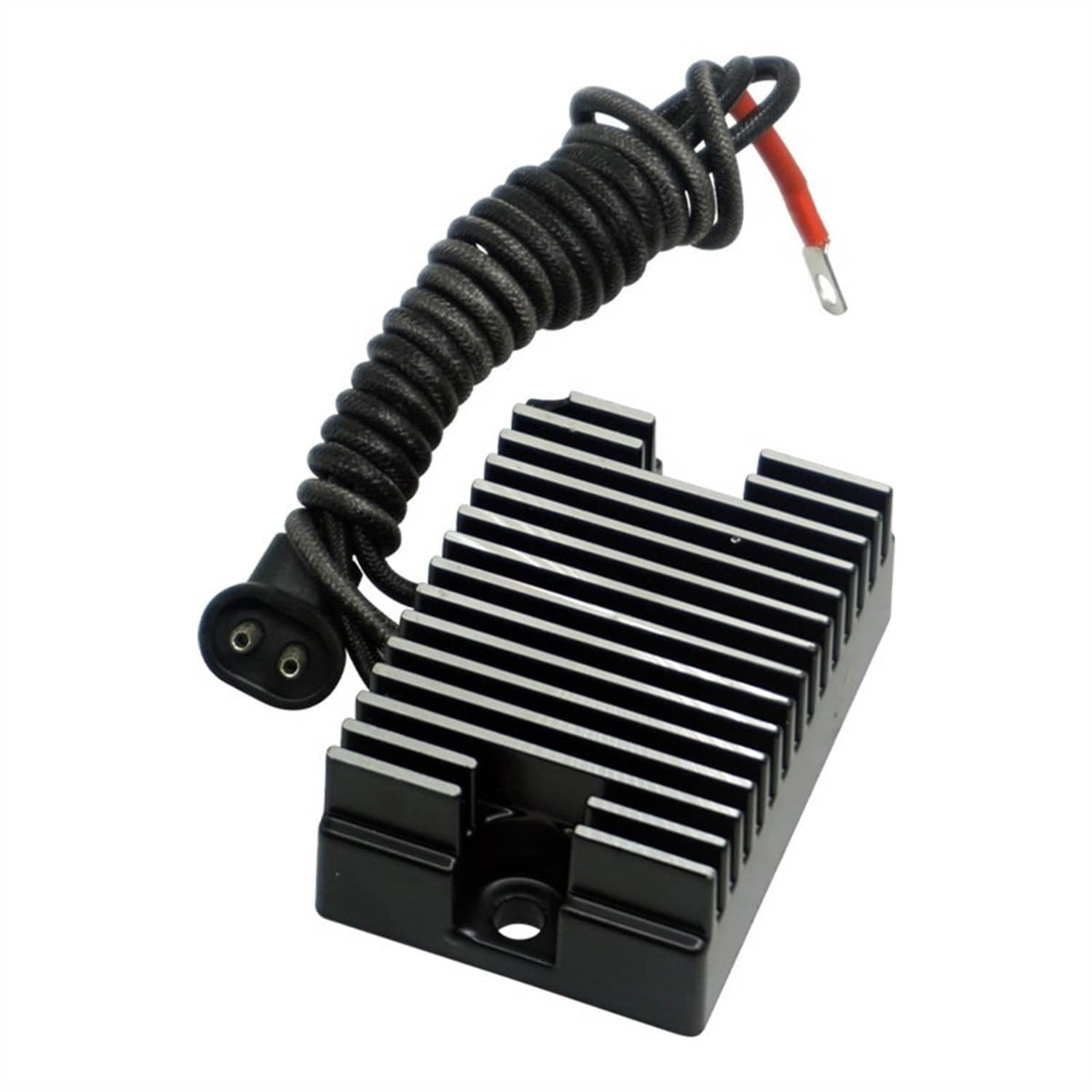Black finned voltage regulator rectifier with coiled wire and two-pin connector