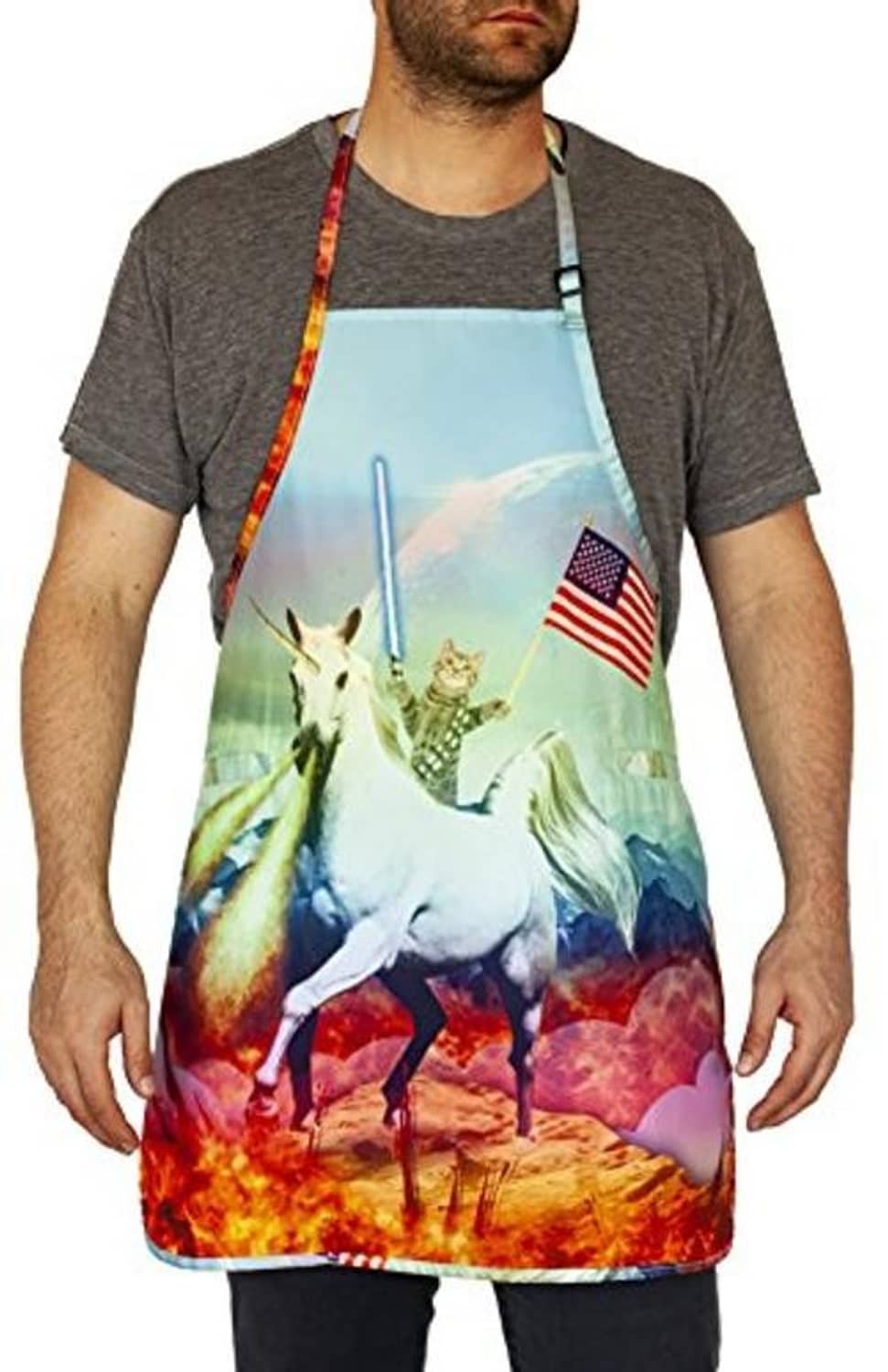 Unicorn scene apron with US flag detail, red trim, adjustable neck strap, front tie