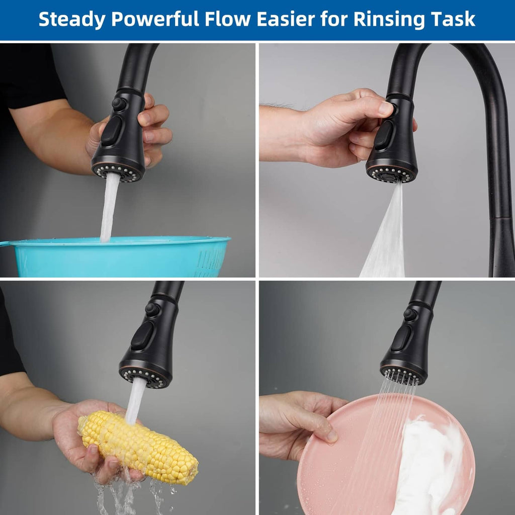 Handheld pull-down sprayer producing a steady water stream for kitchen rinsing