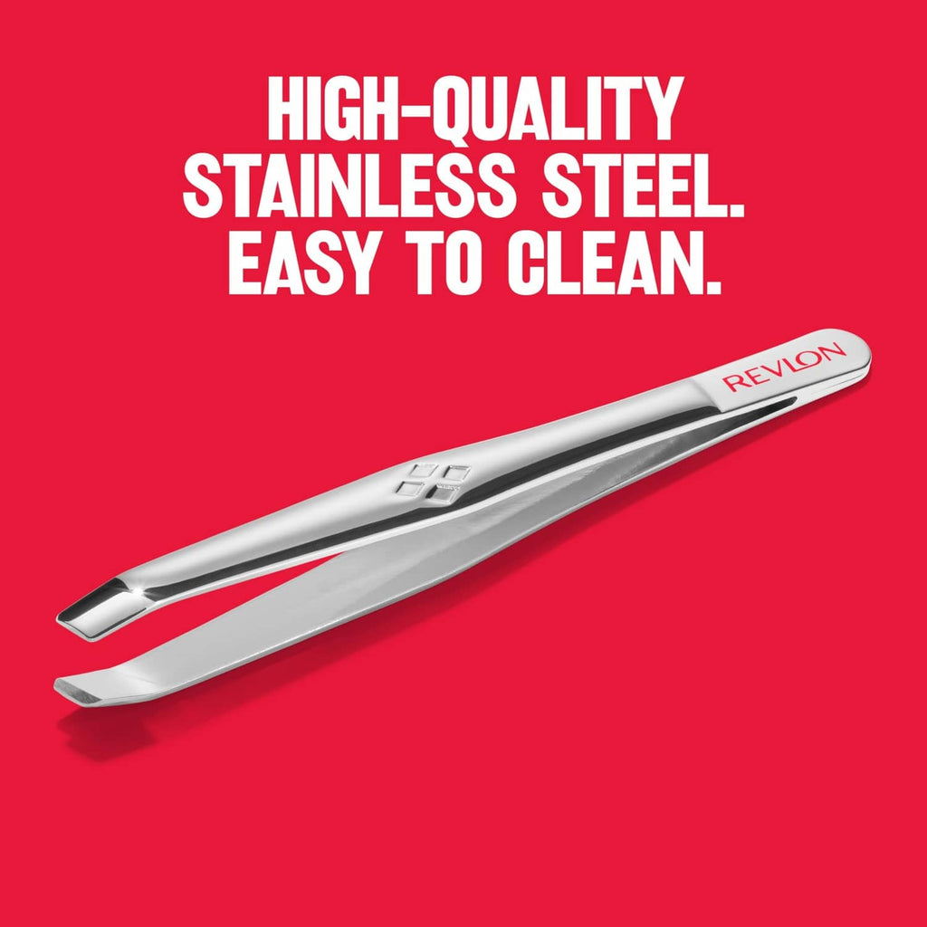 Revlon slant tweezer showing angled gripping jaws, silver stainless-steel design