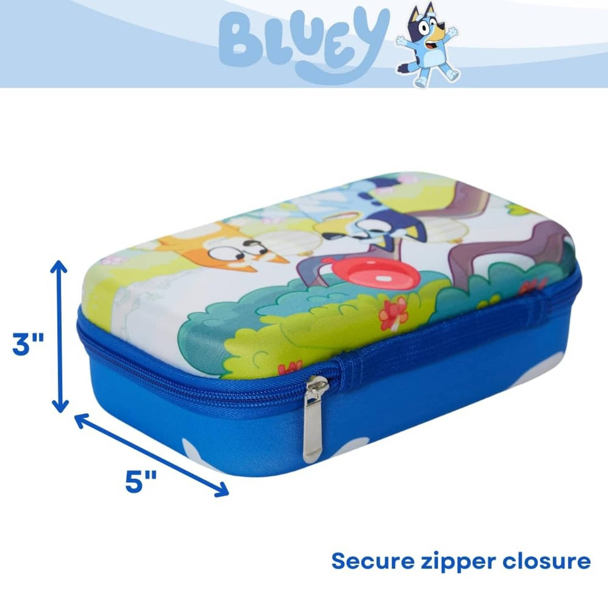Bluey rectangular pencil case with secure zipper, blue edges and colorful front panel