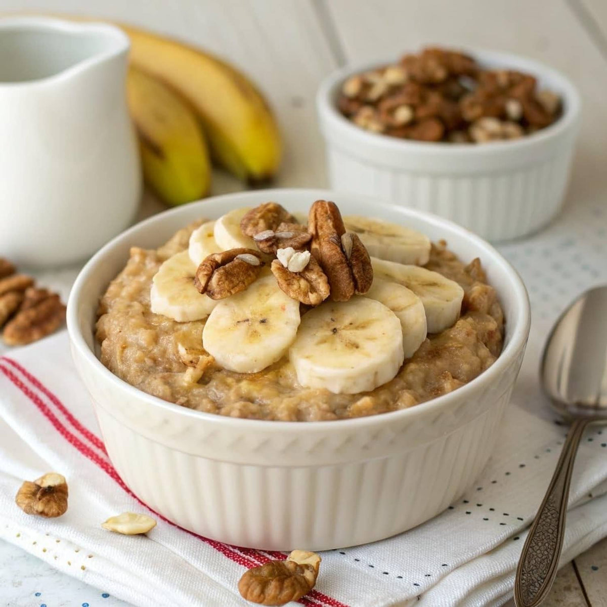Creamy banana nut oatmeal in a bowl topped with banana slices and chopped nuts