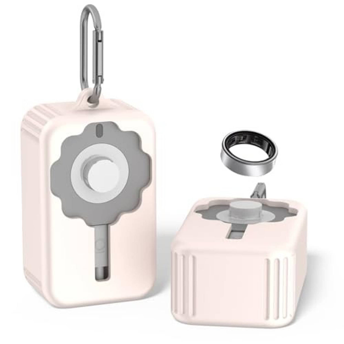 Off-white silicone charger protector cover with gray insert, hanging loop, and ring part