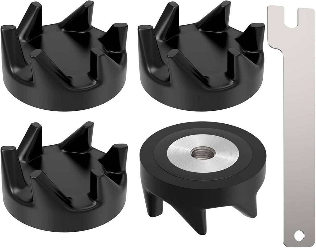 4-piece black blender drive coupler set with silver threaded metal insert, angled views