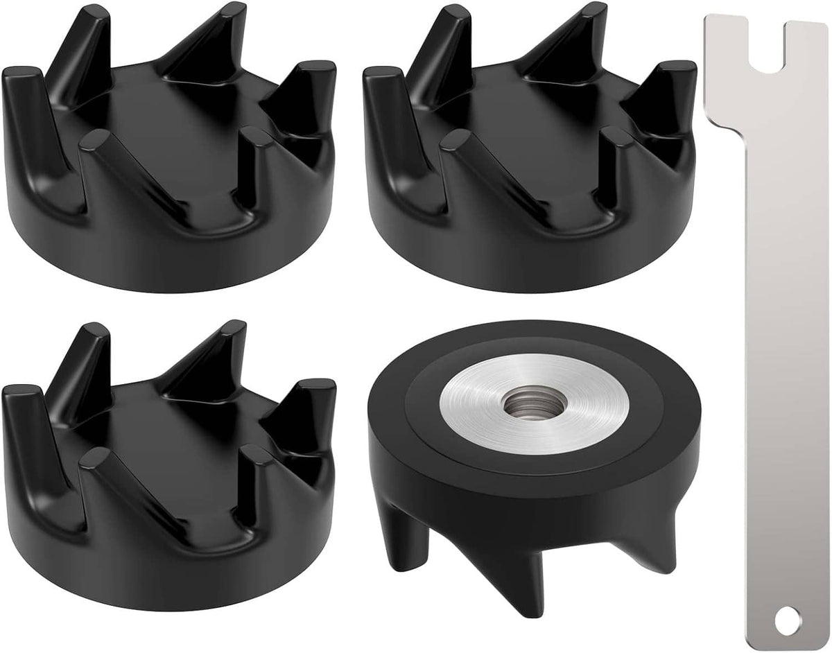 4-piece black blender drive coupler set with silver threaded metal insert, angled views