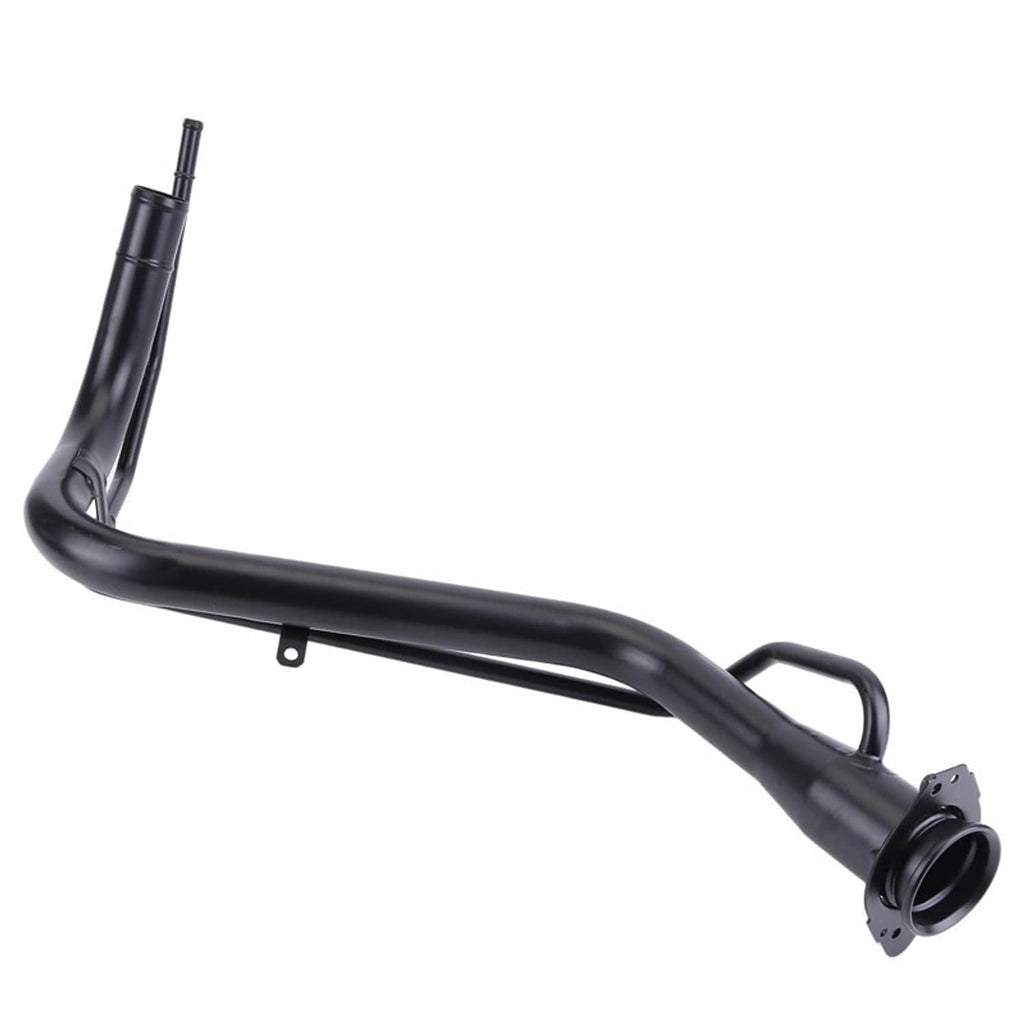Fuel tank filler neck pipe, black metal with long straight section and side flange