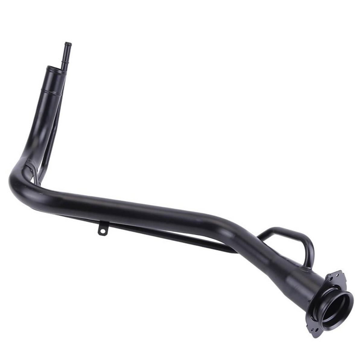 Fuel tank filler neck pipe, black metal with long straight section and side flange