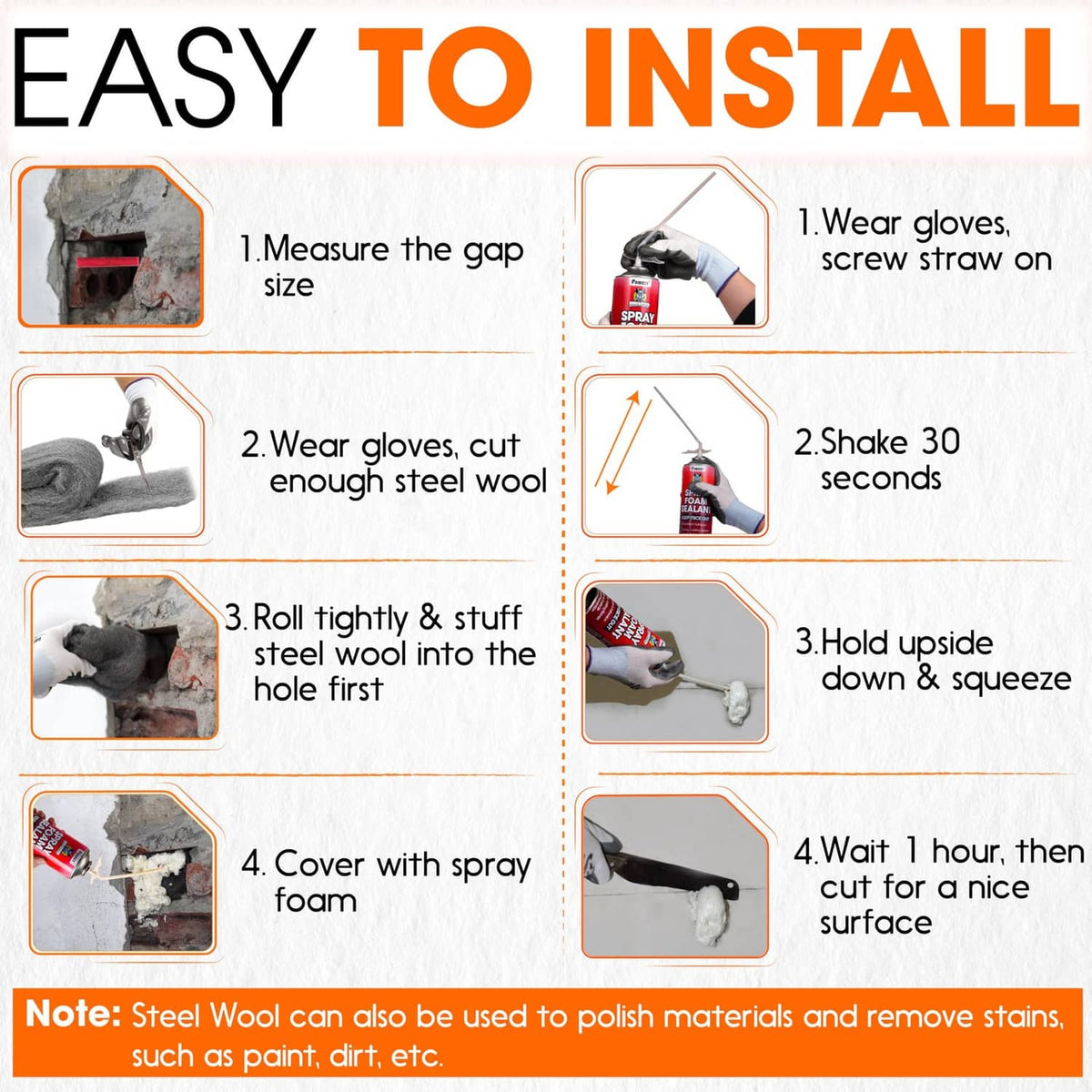 Rodent barrier kit with easy install steps for steel wool and spray foam sealant