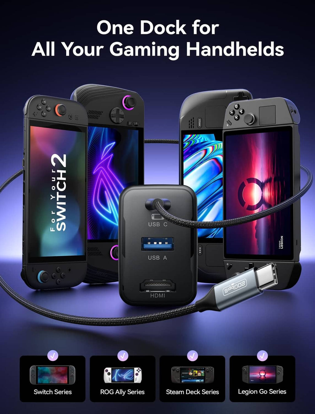 JSAUX docking hub for gaming handhelds, black USB-C and HDMI connection dock