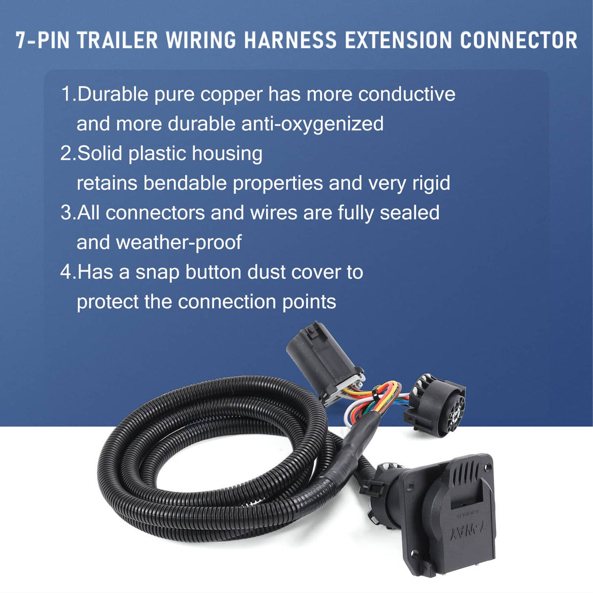 Black coiled wiring harness extension with multi-pin connectors and dust-cover connection