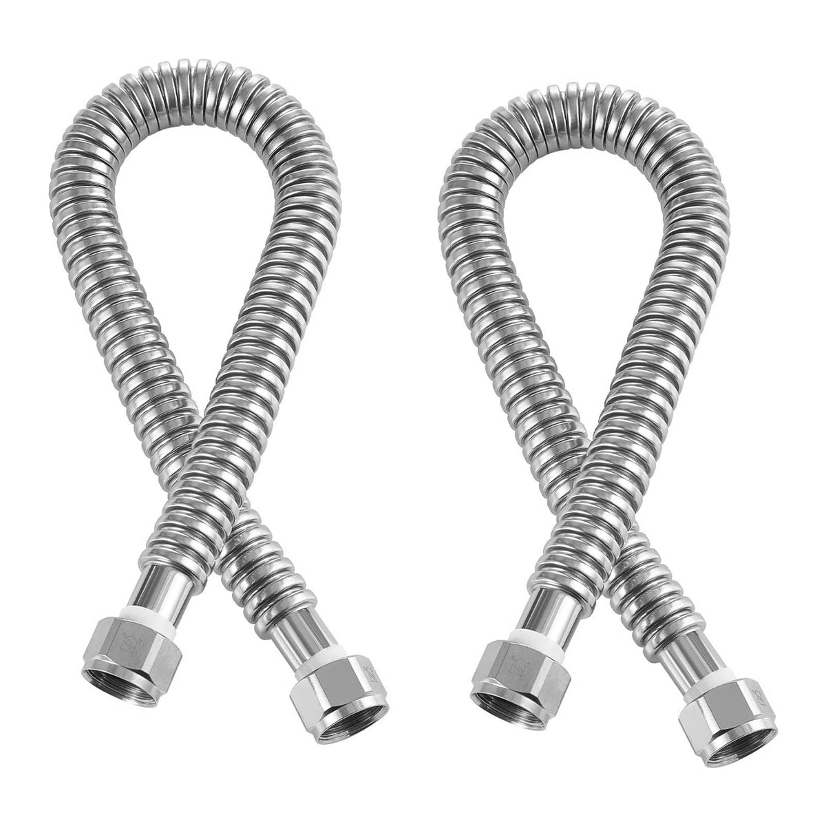 Water heater flex connector hoses with metal fittings, two braided stainless tubes