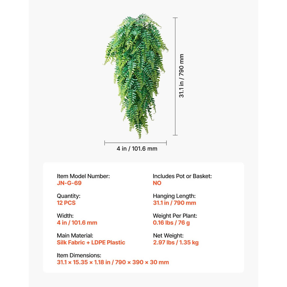 Artificial hanging Boston fern bush, dense green fronds with size dimensions shown