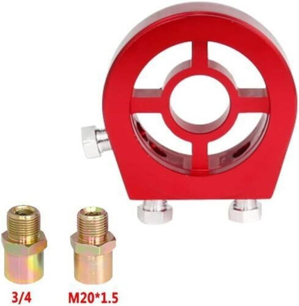 Red aluminum oil filter adapter plate with four mounting studs and side fittings