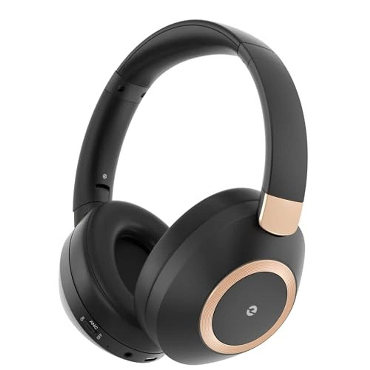 Black wireless over-ear headphones with rose-gold ear ring and cushioned headband