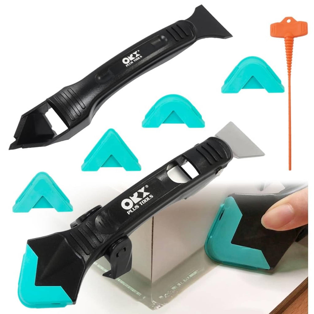 Sealant caulking tool kit with black scraper handle, teal corner tips, orange applicator rod