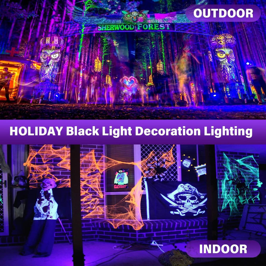 Rechargeable UV black light producing purple lighting effects on outdoor surfaces