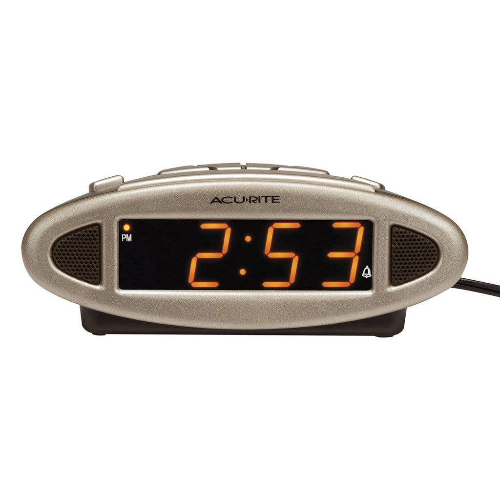 Digital alarm clock with orange LED time display and PM indicator, oval design
