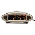 Digital alarm clock with orange LED time display and PM indicator, oval design