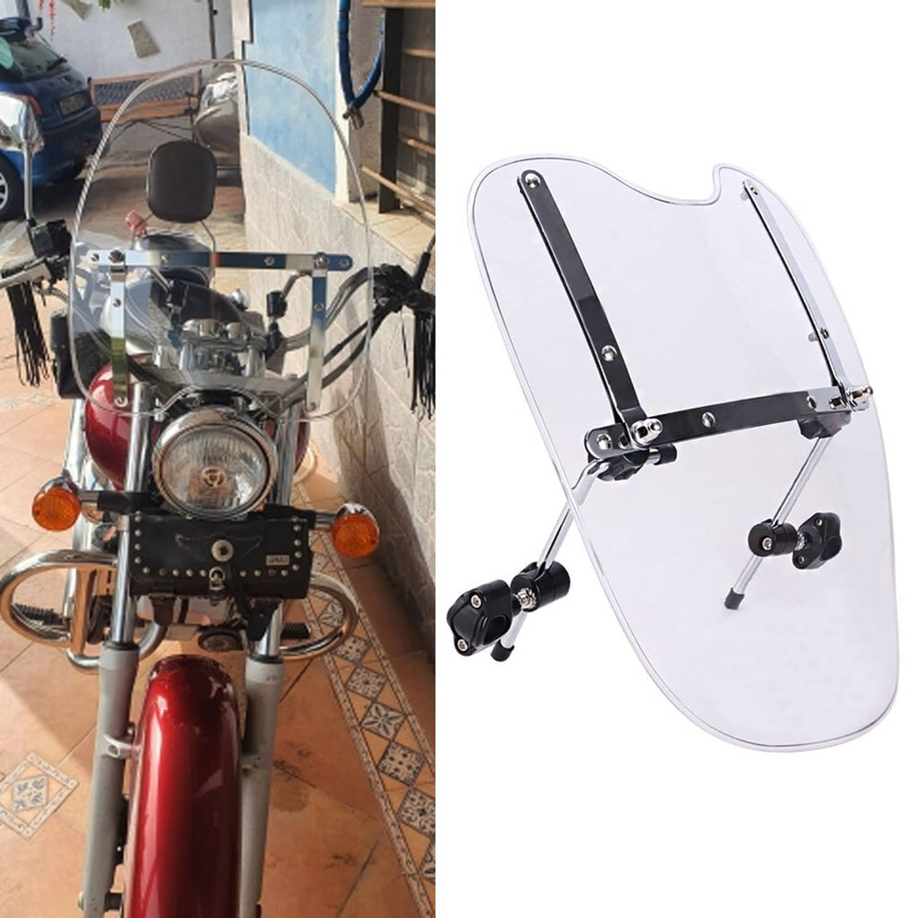 Clear motorcycle windshield with black bracket mounts, shown from front and on white.