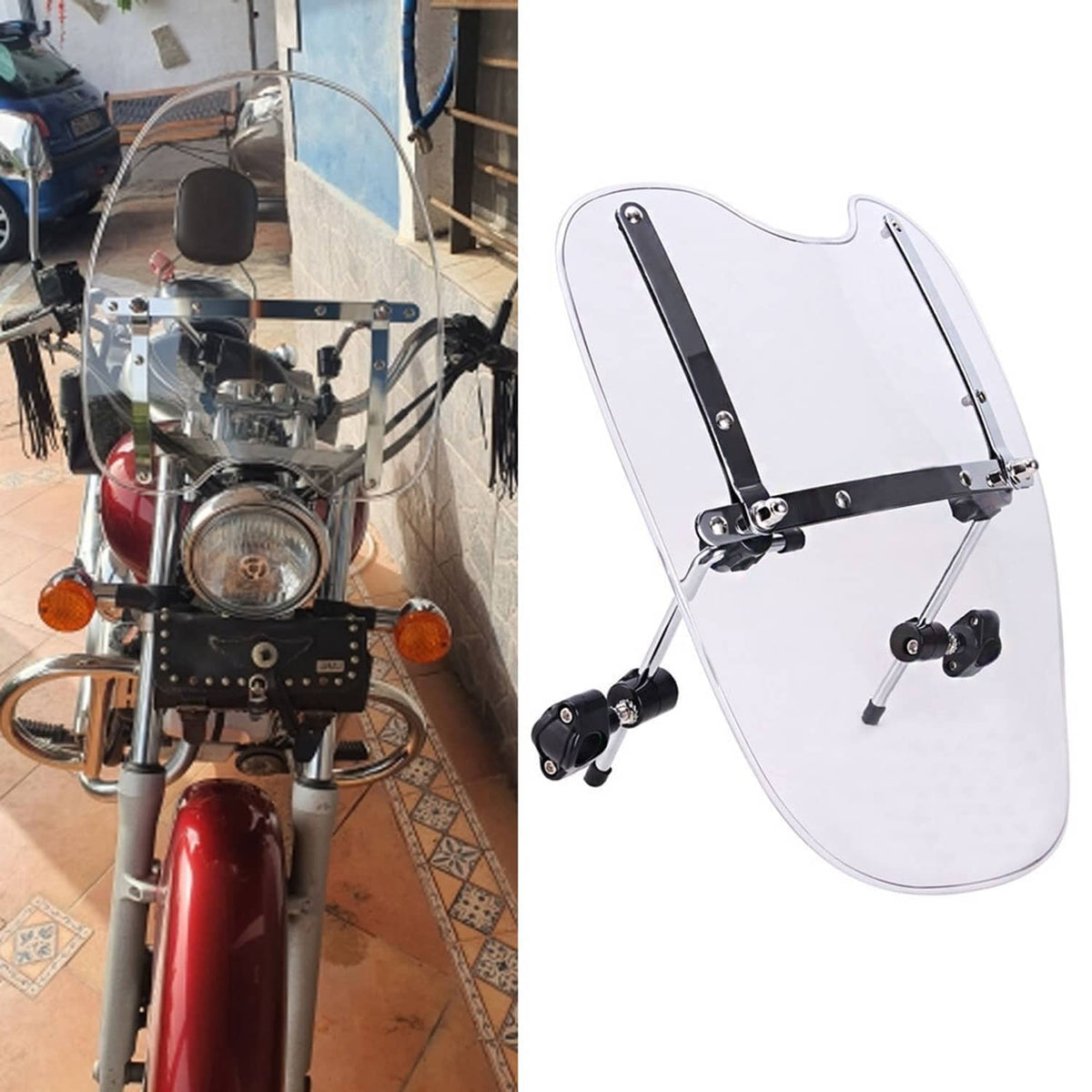 Clear motorcycle windshield with black bracket mounts, shown from front and on white.