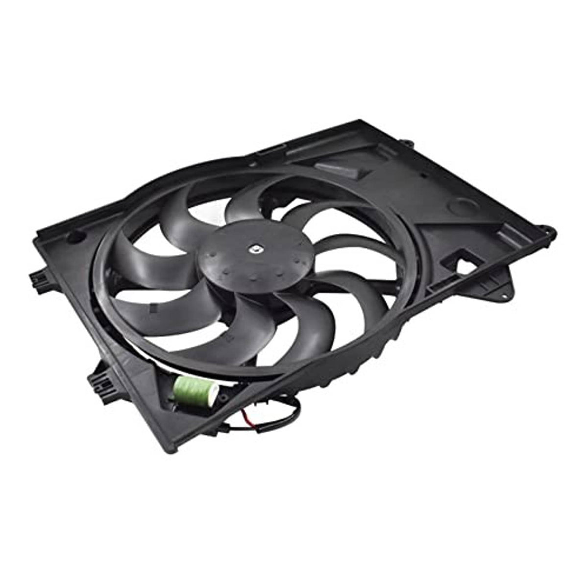 Engine radiator cooling fan assembly with gray fan blades and plastic shroud
