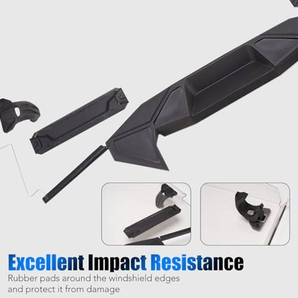 Vented windshield with rubber edge pads and black mounting hardware for protection