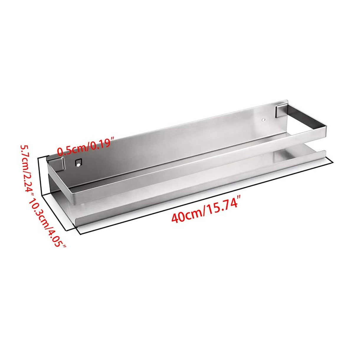 Stainless steel shower shelf with two ledges and side supports, long rectangular frame