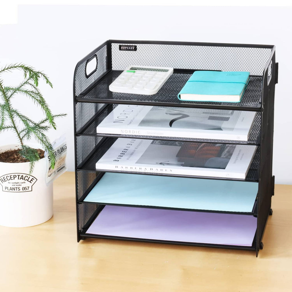 Black mesh 5-tier desk organizer tray with top handle holding stacked papers.