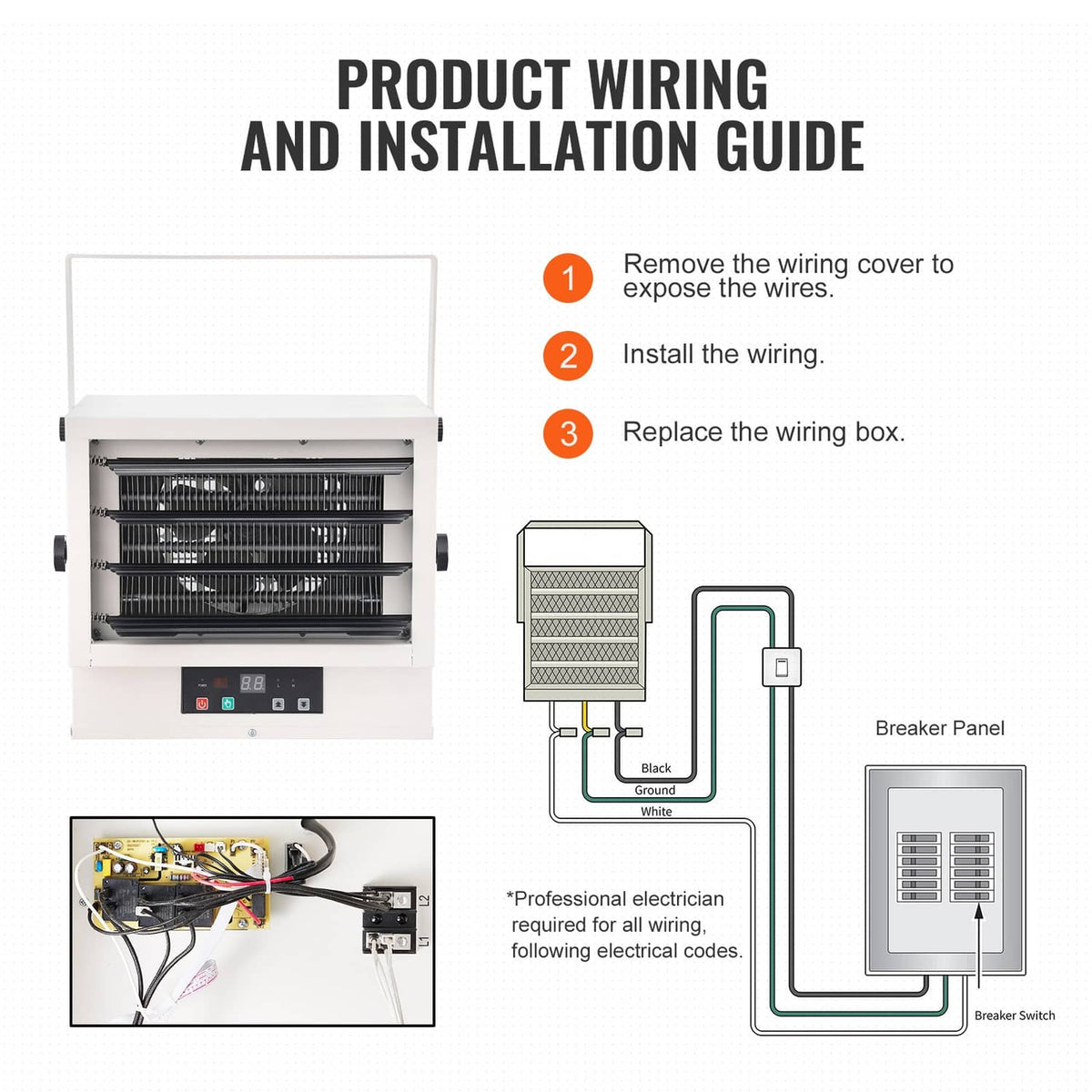 Electric garage heater wiring and installation guide diagram with power connections