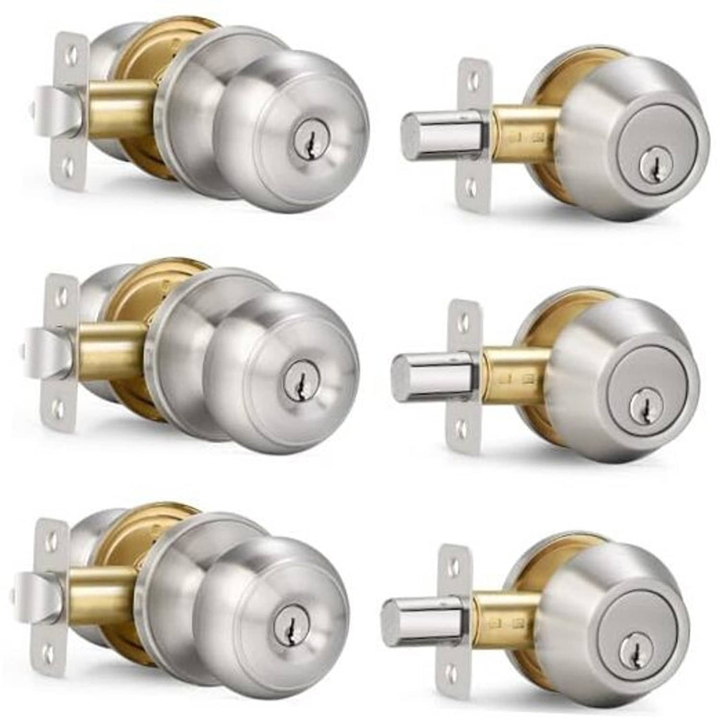 Satin nickel entry door knob and single-cylinder deadbolt set, 3-pack shown from multiple angles