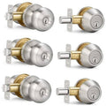Satin nickel entry door knob and single-cylinder deadbolt set, 3-pack shown from multiple angles