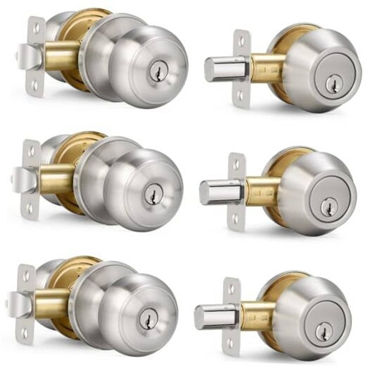 Satin nickel entry door knob and single-cylinder deadbolt set, 3-pack shown from multiple angles