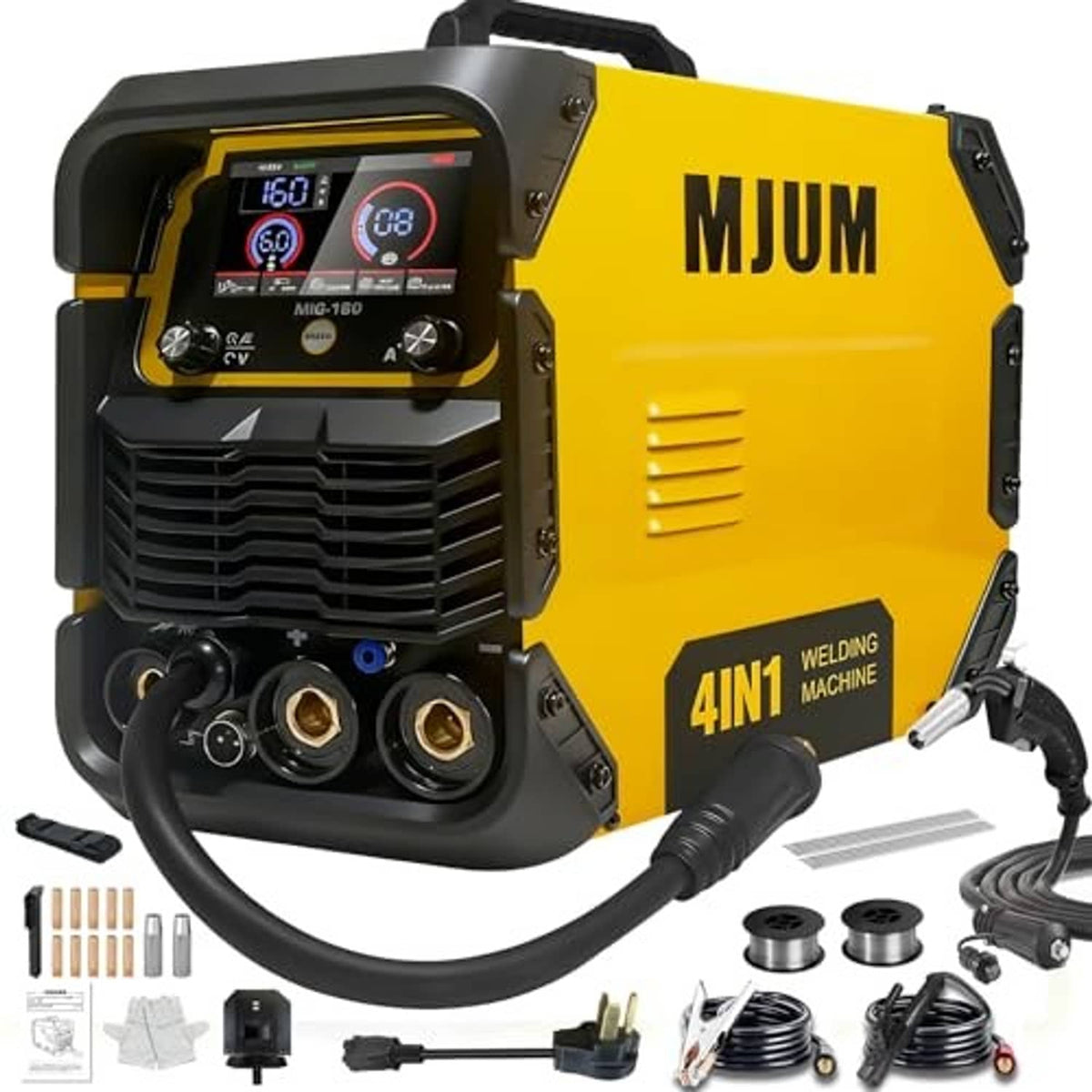 Yellow 4-in-1 welding machine with front display, black torch leads, and included parts
