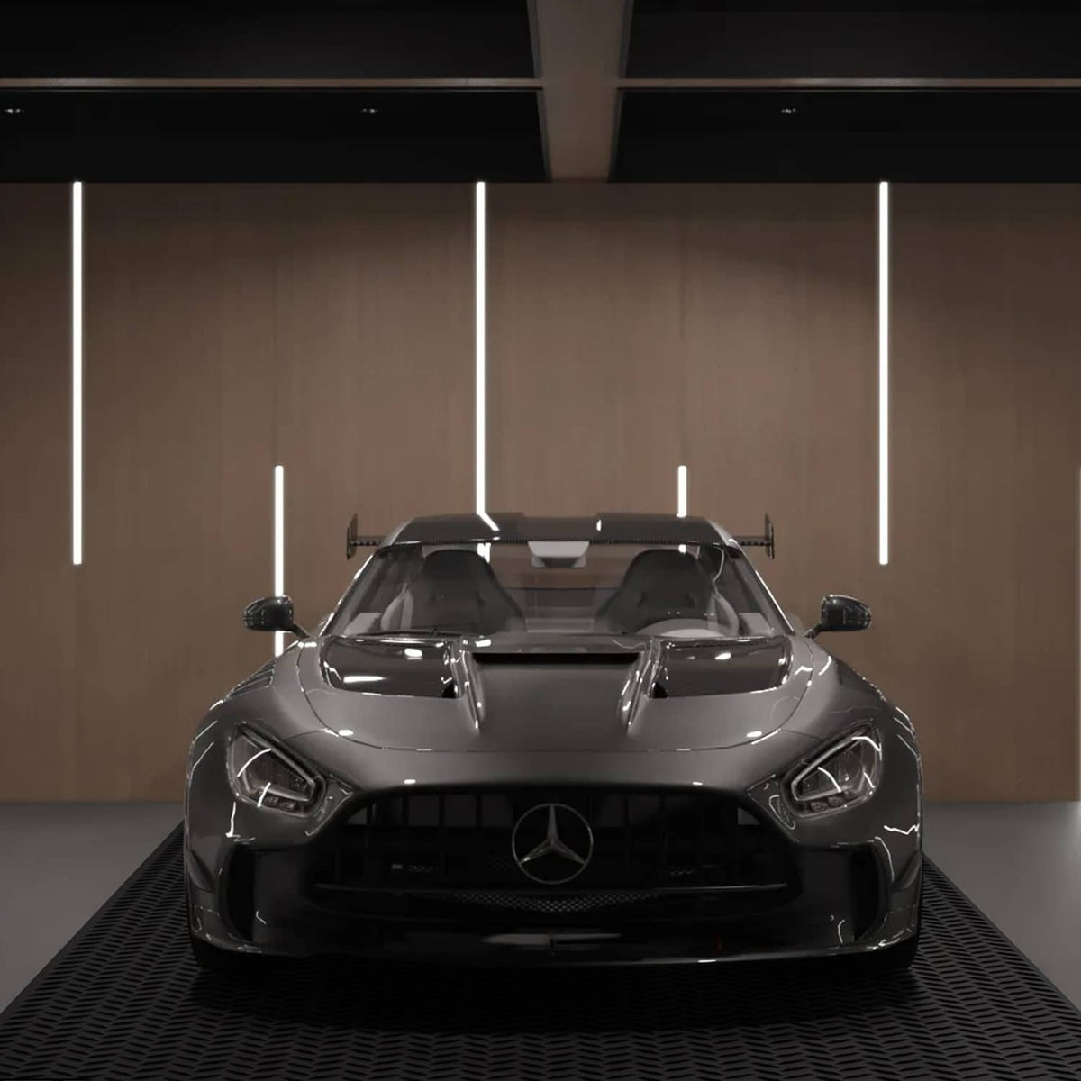 Black diamond-plate garage mat with raised traction pattern