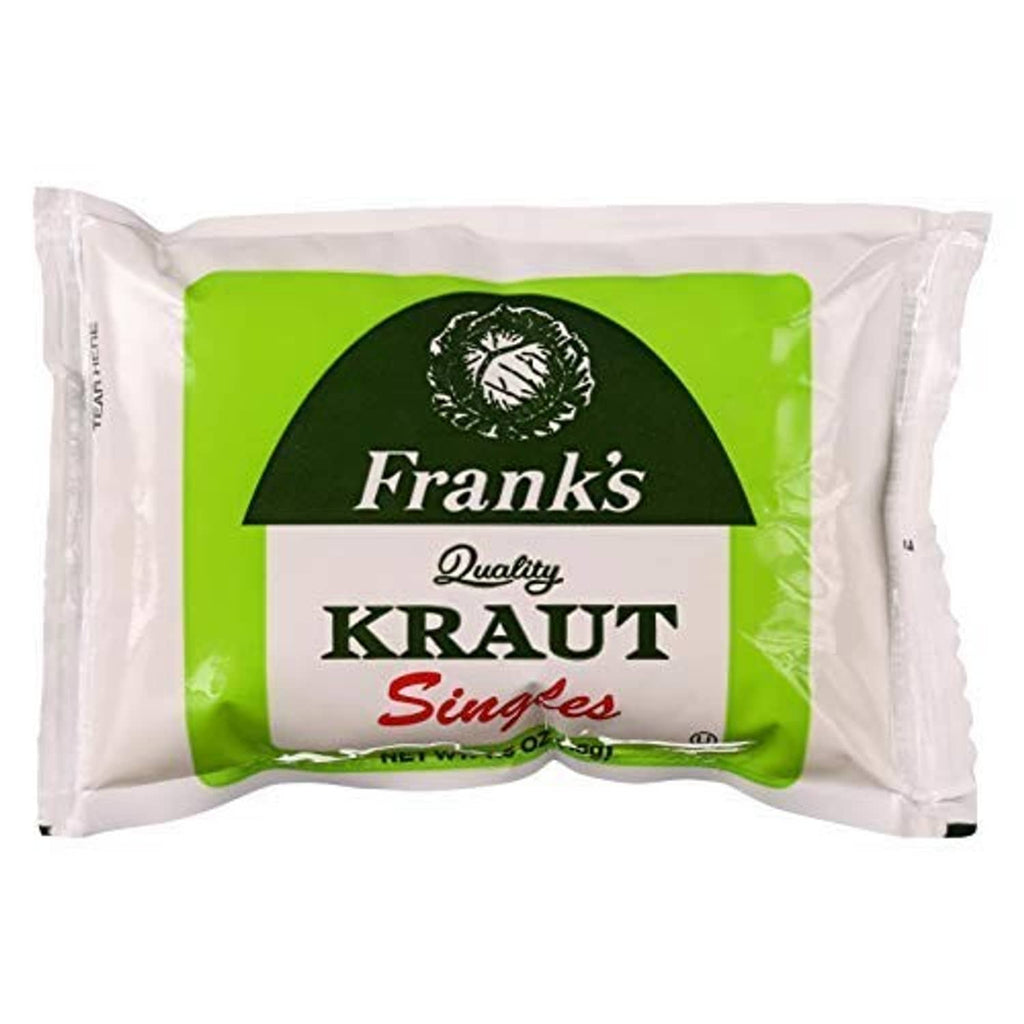 Franks Kraut singles kosher sauerkraut single-serve packet with green label, 1.5 oz