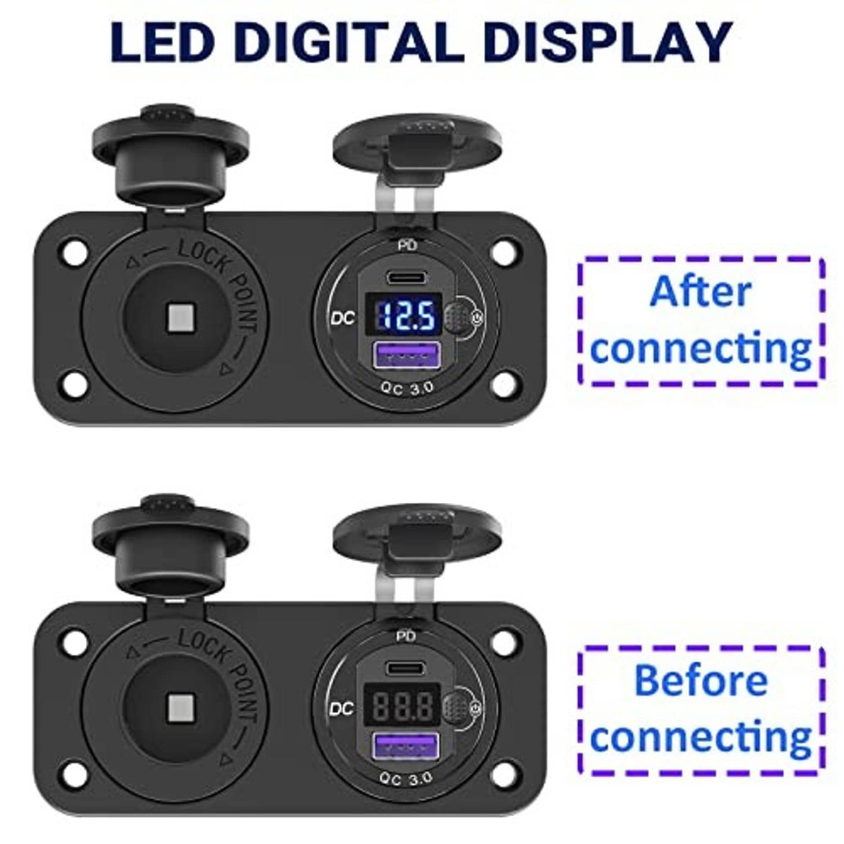 12V cigarette lighter USB outlet with LED digital display for USB charging