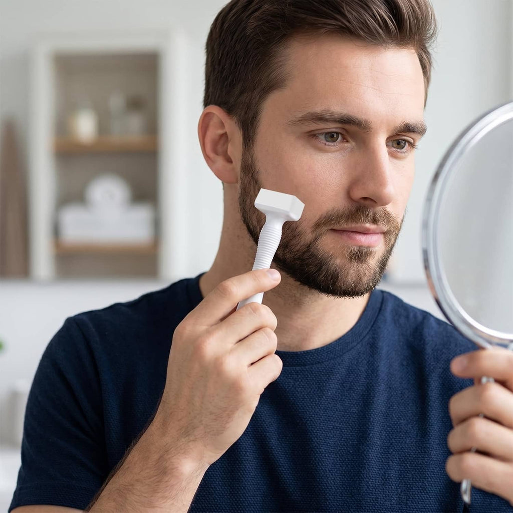White microneedle dermastamp tool used on face near mirror
