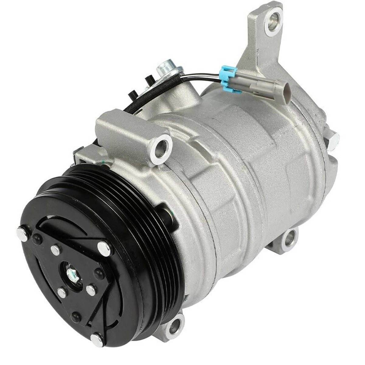 AC air conditioning compressor with clutch, silver body and black pulley, angled view