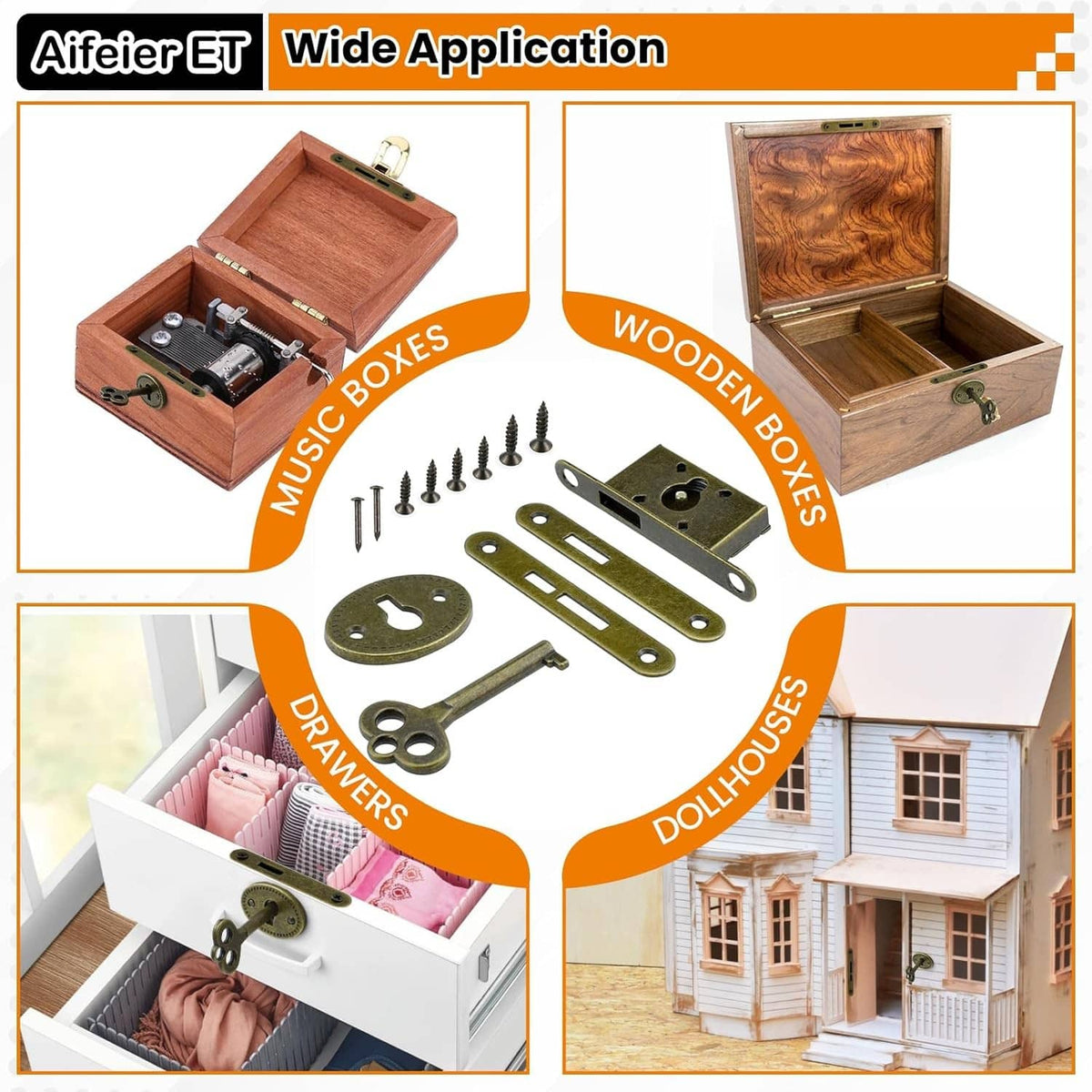 Bronze cabinet lock hardware set with key, shown for drawers and small furniture