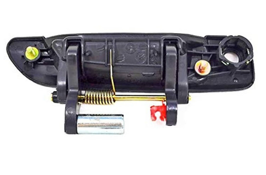 Black exterior door handle housing with spring, metal rod, and mounting screws visible